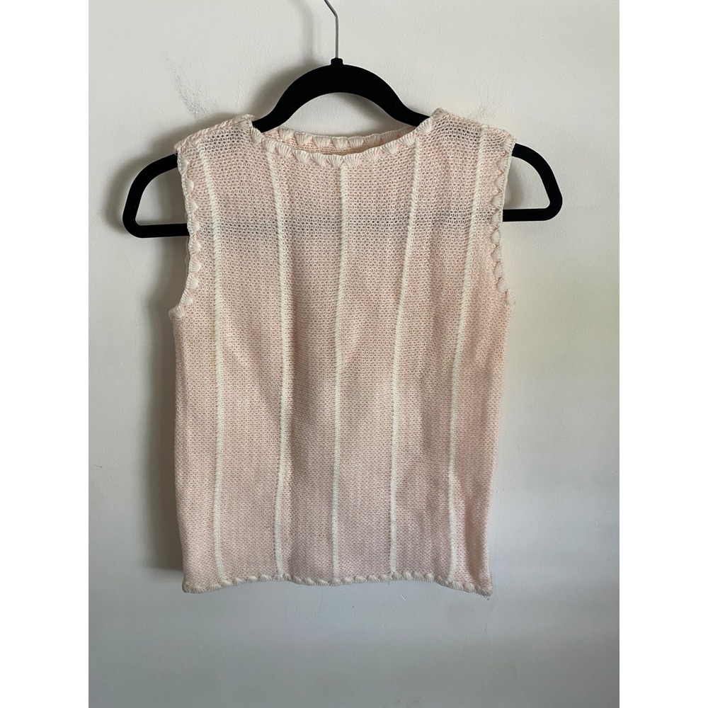 Vintage Deadstock Pink Cream Knit Sweater‎ Vest Scalloped Crochet Trim Small